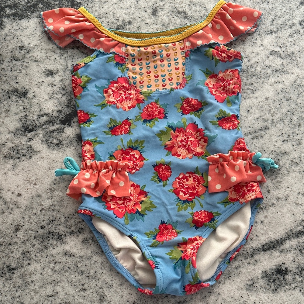 Matilda Jane Floral one piece polka dot flutter sleeve and ruffle waist swimsuit